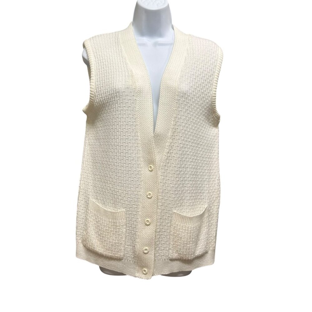 Vintage Off-White Textured Knit Button-Front Vest Pockets Size M